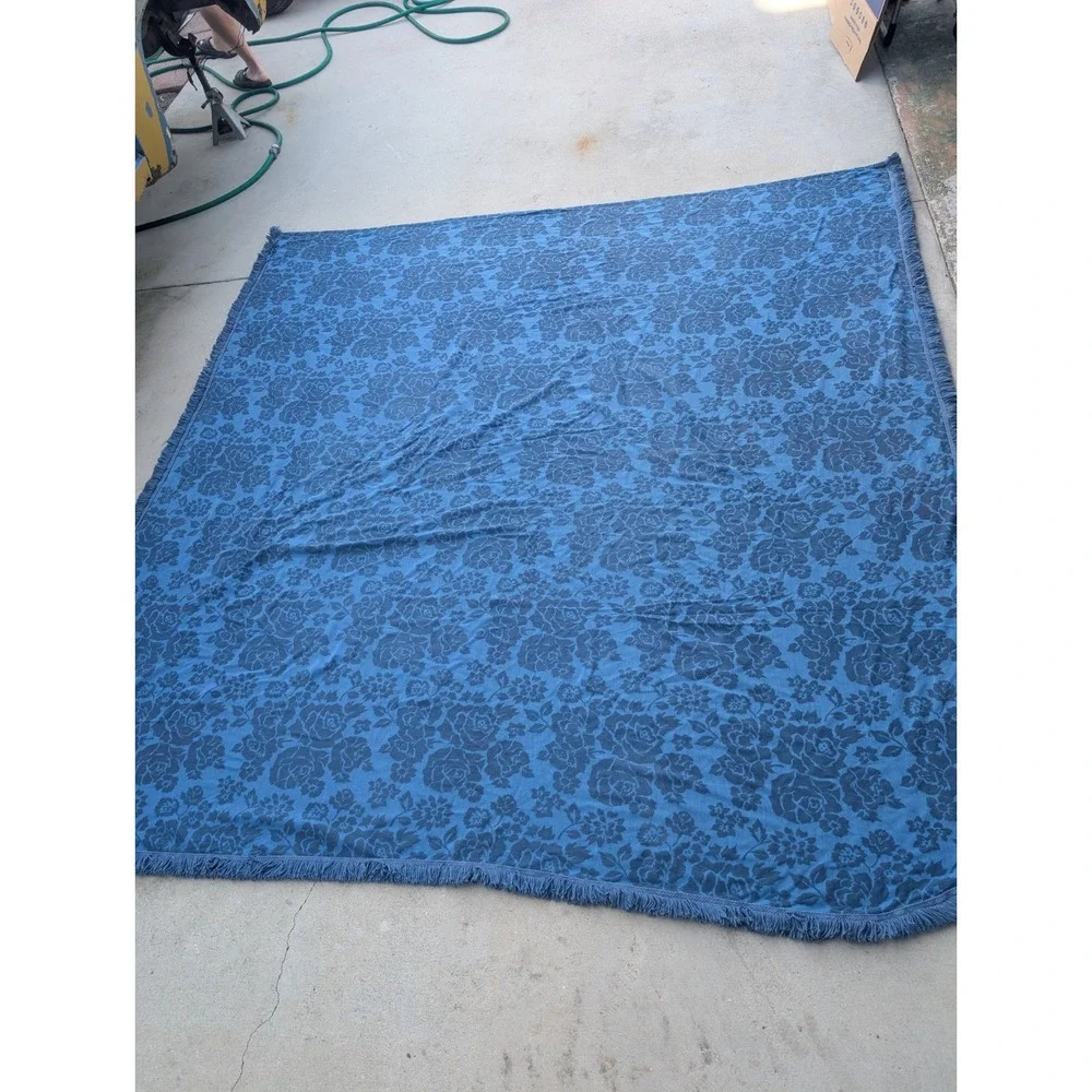 Vintage Royal Blue Rose Pattern Floral Fringed Blanket Bedspread Sofa Cover MCM